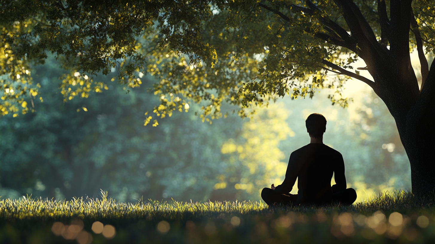 A person is sitting cross-legged on the grass under a large tree, meditating or relaxing. The scene is peaceful, with sunlight filtering through the leaves, creating a serene atmosphere. The background is a blur of greenery, suggesting a natural, tranquil setting.