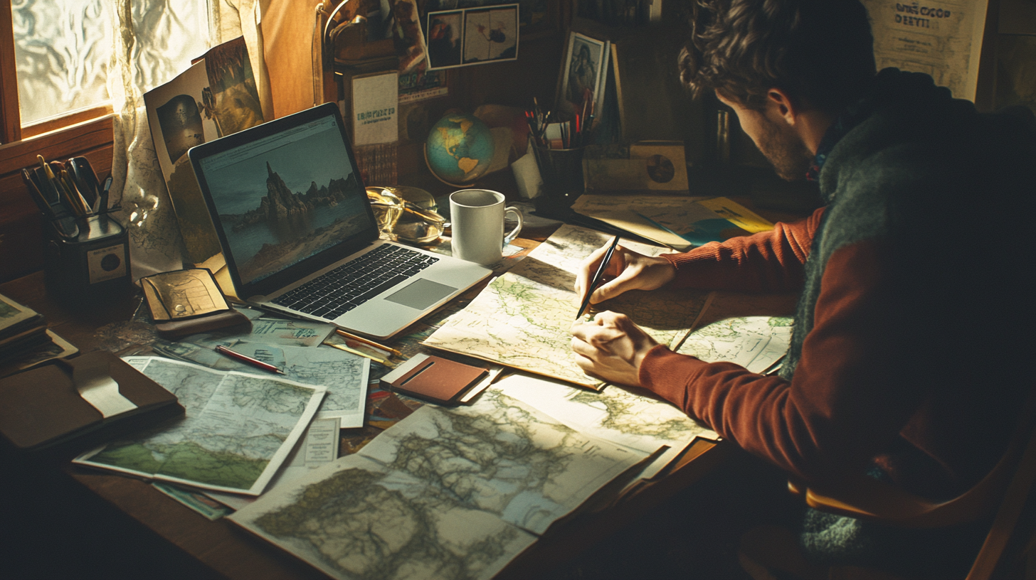 A person is sitting at a cluttered desk, studying maps. The desk is filled with various papers, a laptop displaying a landscape image, a globe, a mug, and writing tools. Sunlight is streaming through a window, creating a warm and focused atmosphere.