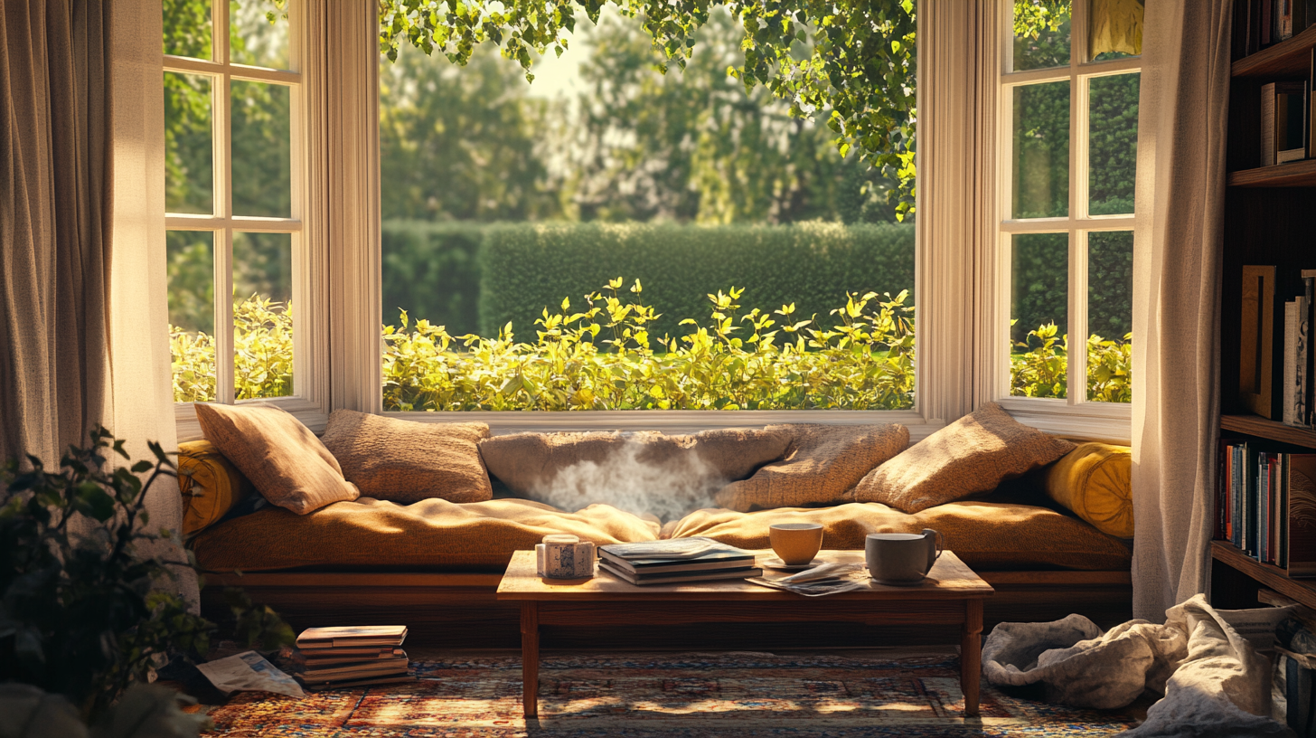 A cozy living room with a large window seat filled with cushions, overlooking a lush garden. Sunlight streams through the window, illuminating the space. A wooden coffee table in front of the seat holds books, a steaming mug, and a candle. A bookshelf is visible on the right, and a soft blanket is draped on the floor. The atmosphere is warm and inviting.