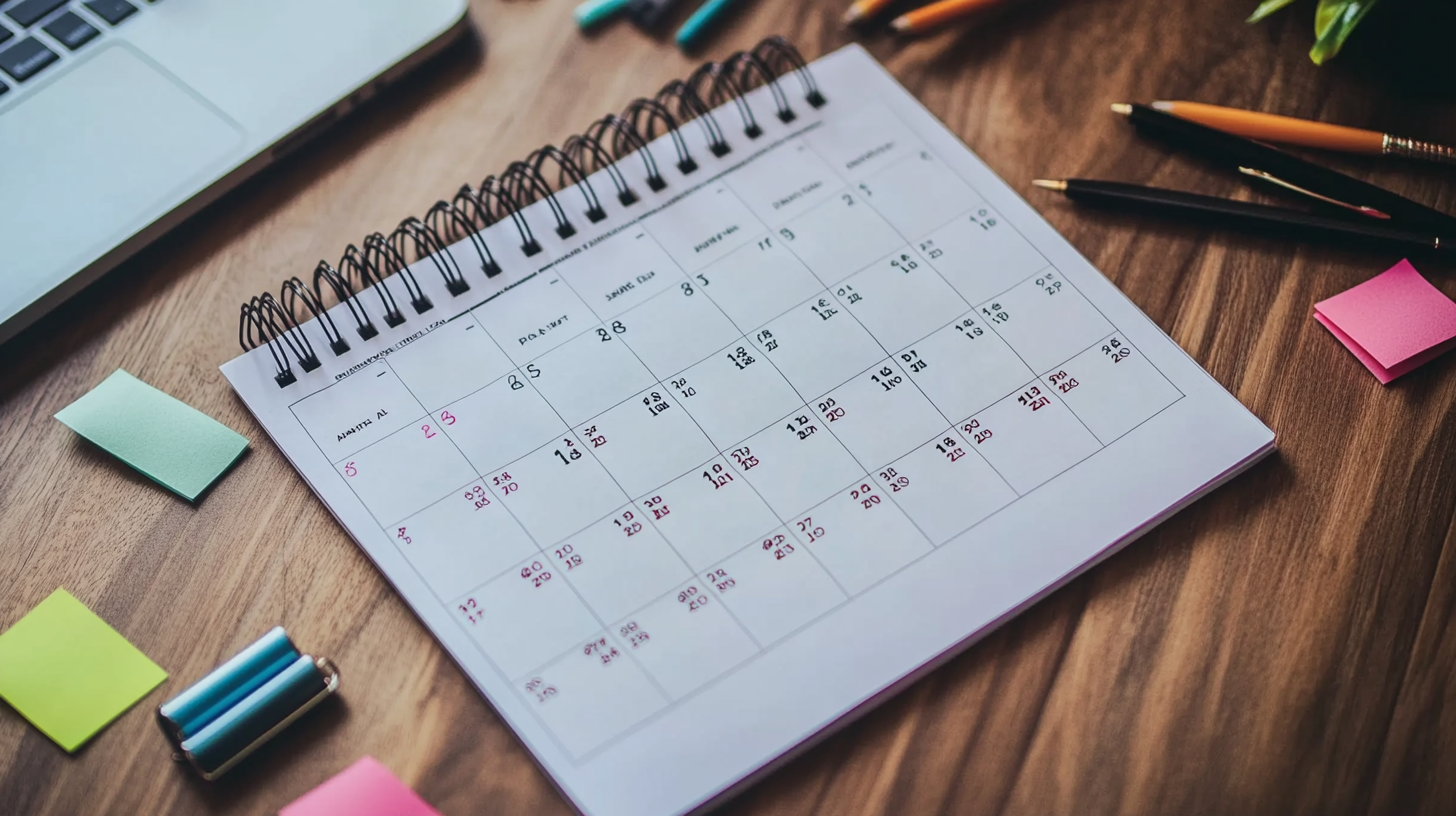 A spiral-bound calendar is open on a wooden desk, displaying a month with dates marked in red and black. Surrounding the calendar are colorful sticky notes, pens, and a laptop partially visible in the top left corner.