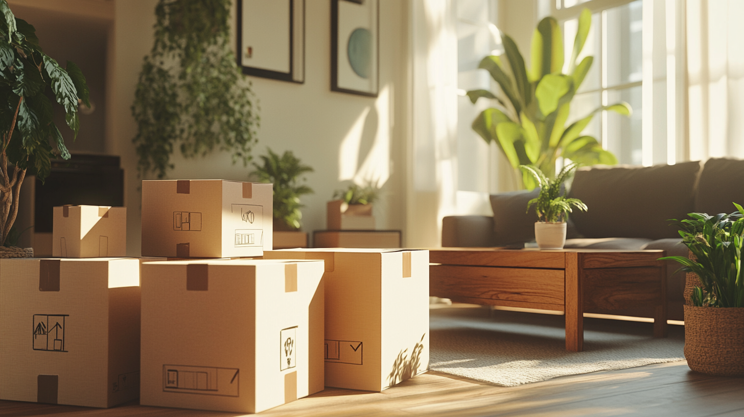 A sunlit living room with several cardboard boxes stacked on the floor, suggesting a move or unpacking. The room features a wooden coffee table, a sofa, and various potted plants, creating a cozy and inviting atmosphere. Sunlight streams through large windows, casting shadows on the floor.