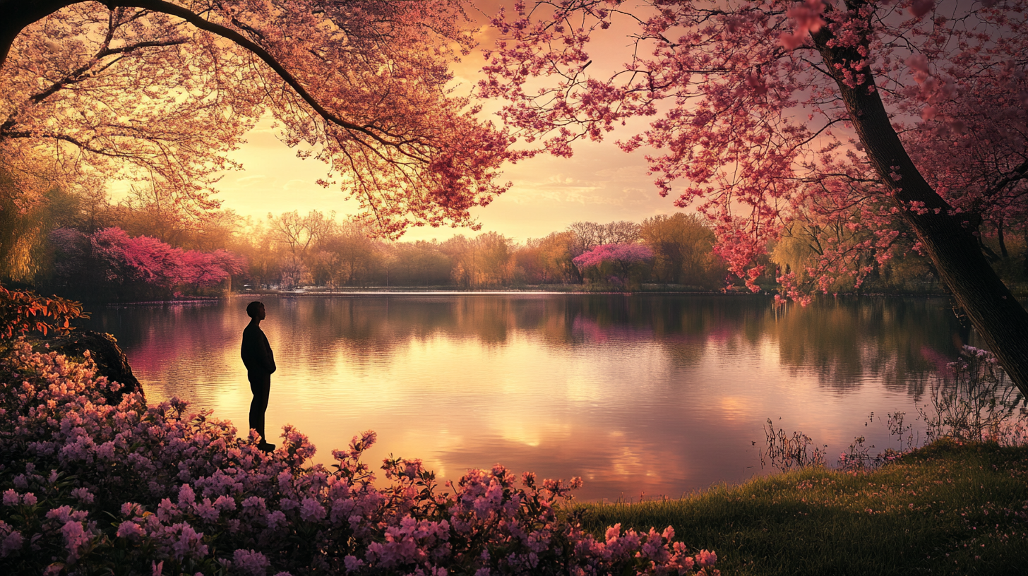 A person stands by a tranquil lake surrounded by lush pink cherry blossom trees. The sky is a warm, glowing sunset, casting reflections on the water. The scene is serene and picturesque, with vibrant flowers in the foreground.