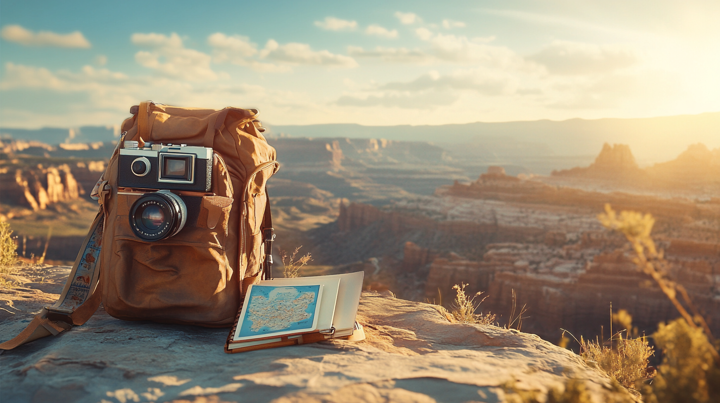 A vintage camera rests on a brown backpack, which is placed on a rocky surface overlooking a vast canyon landscape. The sun is setting, casting a warm glow over the scene. An open notebook with a map is beside the backpack, suggesting a travel or adventure theme.