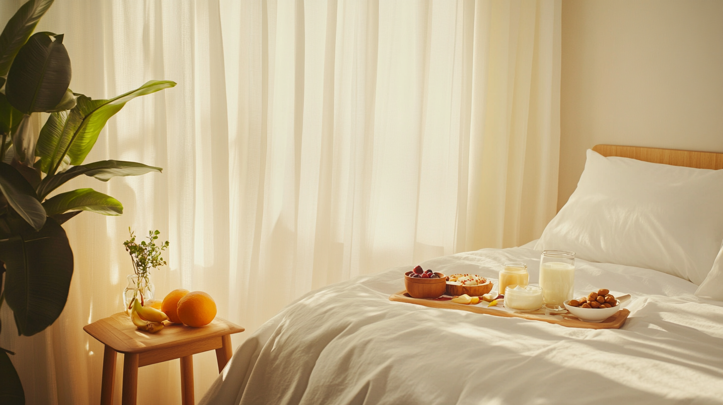 A cozy bedroom scene with a neatly made bed covered in white linens. On the bed, there is a wooden tray with breakfast items, including a glass of milk, yogurt, a bowl of nuts, and a small bowl of fruit. Next to the bed, a wooden stool holds a vase with small flowers, bananas, and oranges. Soft natural light filters through sheer curtains, and a large leafy plant is visible in the corner.