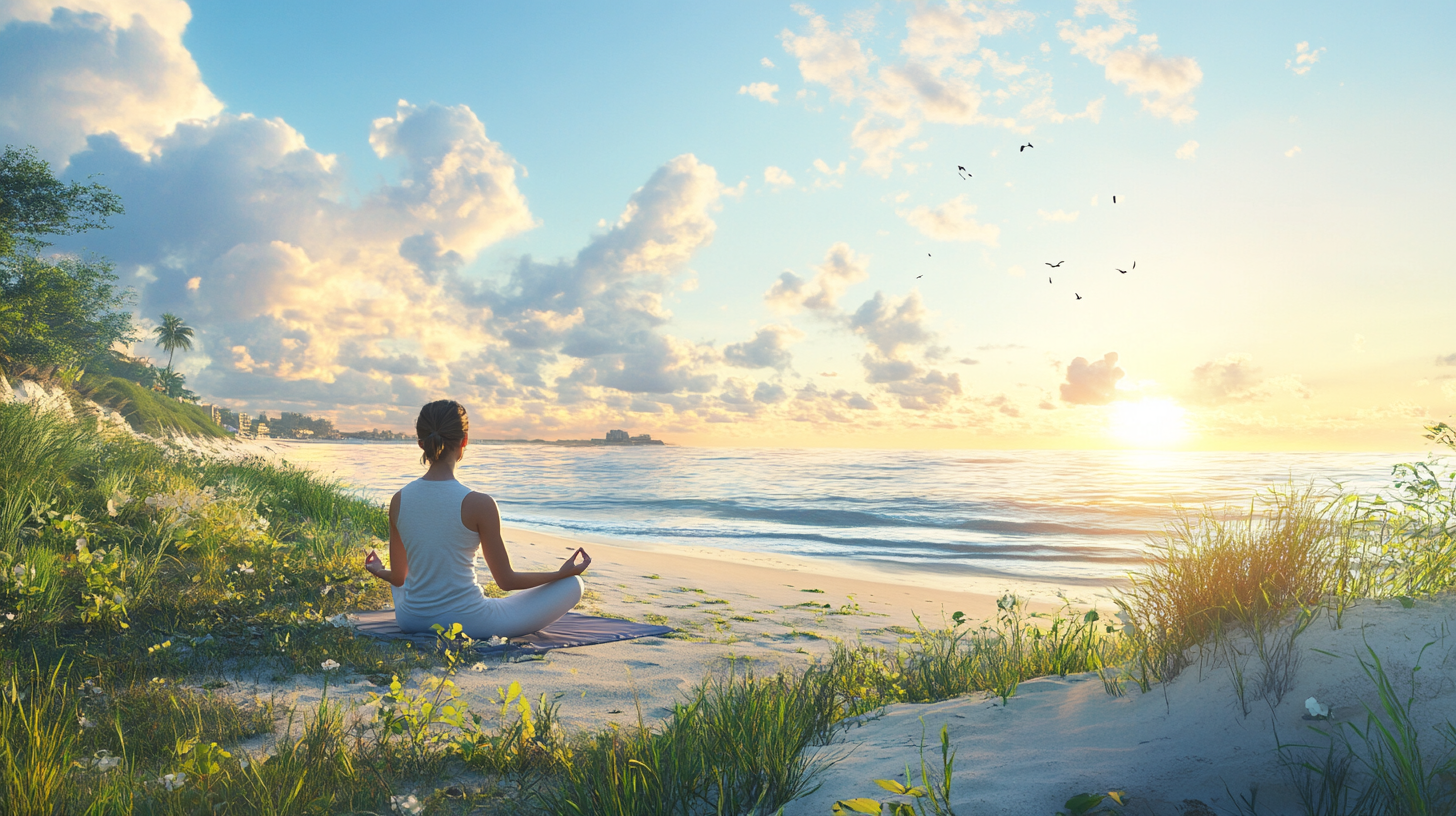 A person is sitting cross-legged on a beach, meditating while facing the ocean. The sun is setting or rising on the horizon, casting a warm glow over the scene. The sky is partly cloudy, and there are birds flying in the distance. The beach is lined with grass and small plants.