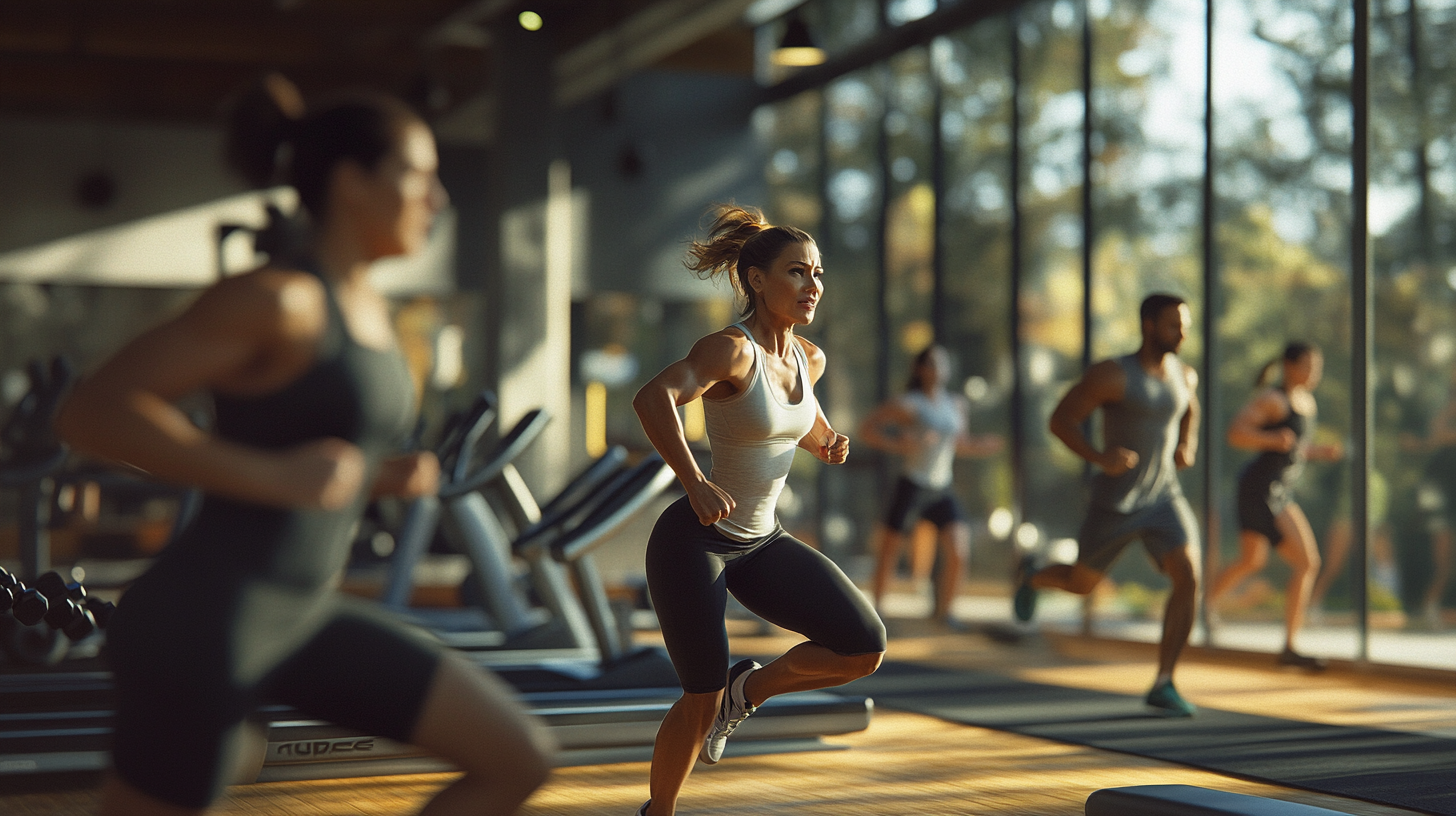 The image shows a group of people running on treadmills in a gym. The gym has large windows, allowing natural light to illuminate the space. The focus is on a woman in the foreground, wearing a white tank top and black leggings, with other people exercising in the background. The atmosphere appears energetic and lively.