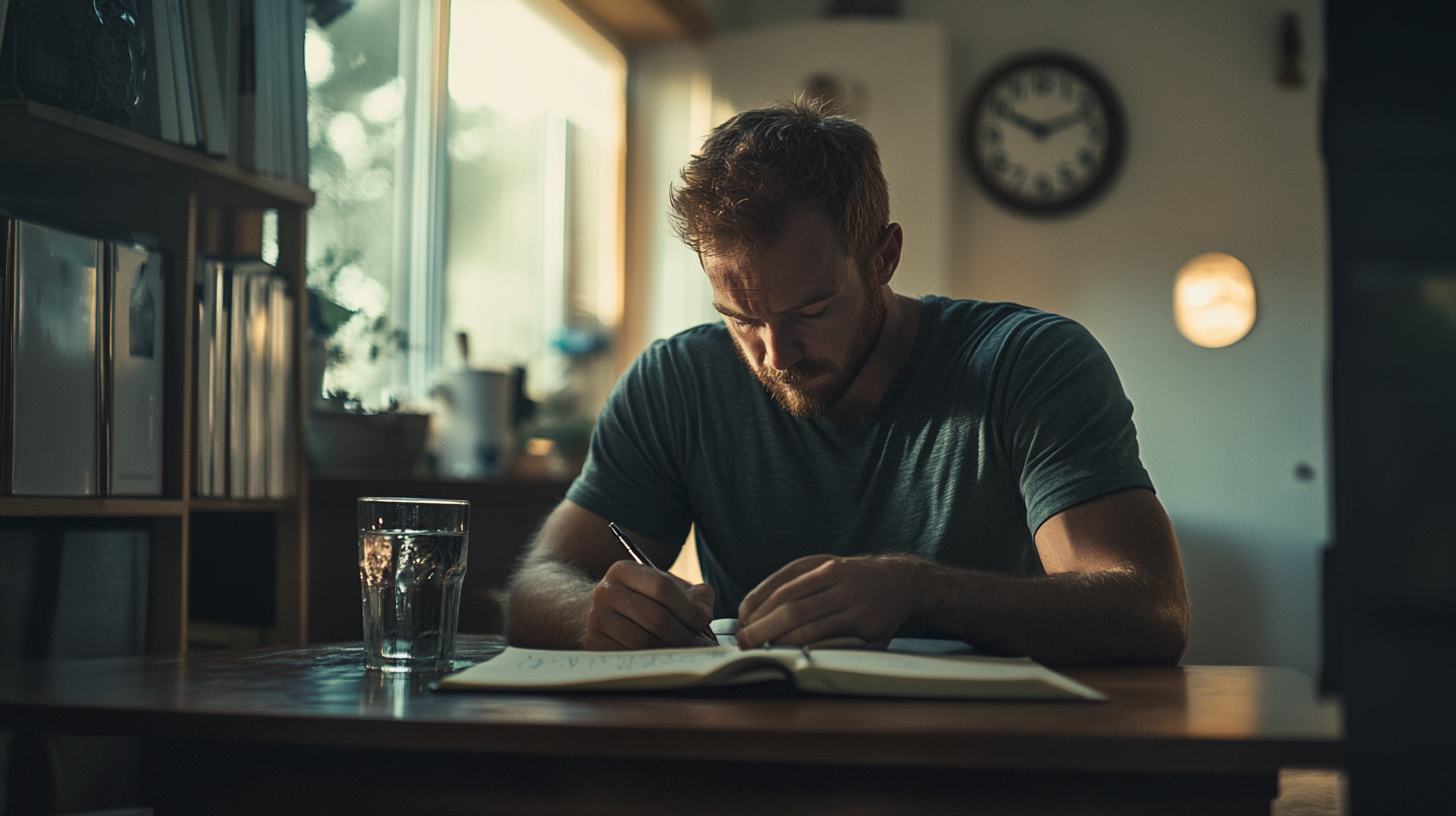 A man with a beard is sitting at a wooden table, writing in a notebook. He appears focused and is wearing a casual t-shirt. A glass of water is on the table, and there are shelves with books and a window in the background. The room is softly lit, creating a calm atmosphere.