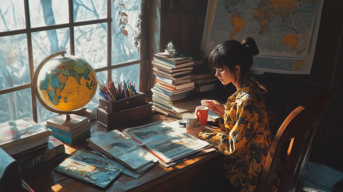 A woman sits at a wooden desk by a large window, reading a book. The desk is cluttered with stacks of books, a globe, and a container of colored pencils. Sunlight streams through the window, casting a warm glow over the scene. A world map is visible on the wall behind her. She holds a red mug and appears focused on her reading.