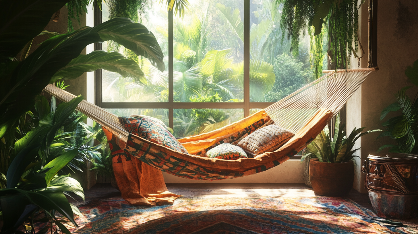 A cozy indoor space featuring a hammock with colorful patterned pillows and a blanket. The hammock is surrounded by lush green plants and is positioned near a large window with a view of tropical foliage outside. Sunlight filters through the leaves, creating a warm and inviting atmosphere. A decorative rug and a drum are also visible in the room.