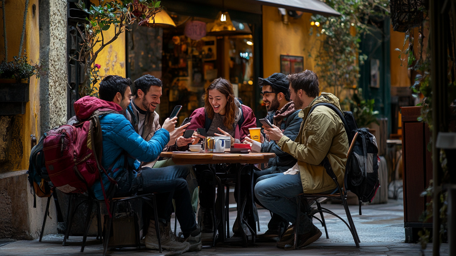 A group of six people is sitting around a table at an outdoor café, all looking at their smartphones and smiling. They are dressed in casual winter clothing, with some wearing jackets and backpacks. The setting is cozy, with warm lighting and plants around the café entrance. There are cups and a teapot on the table.