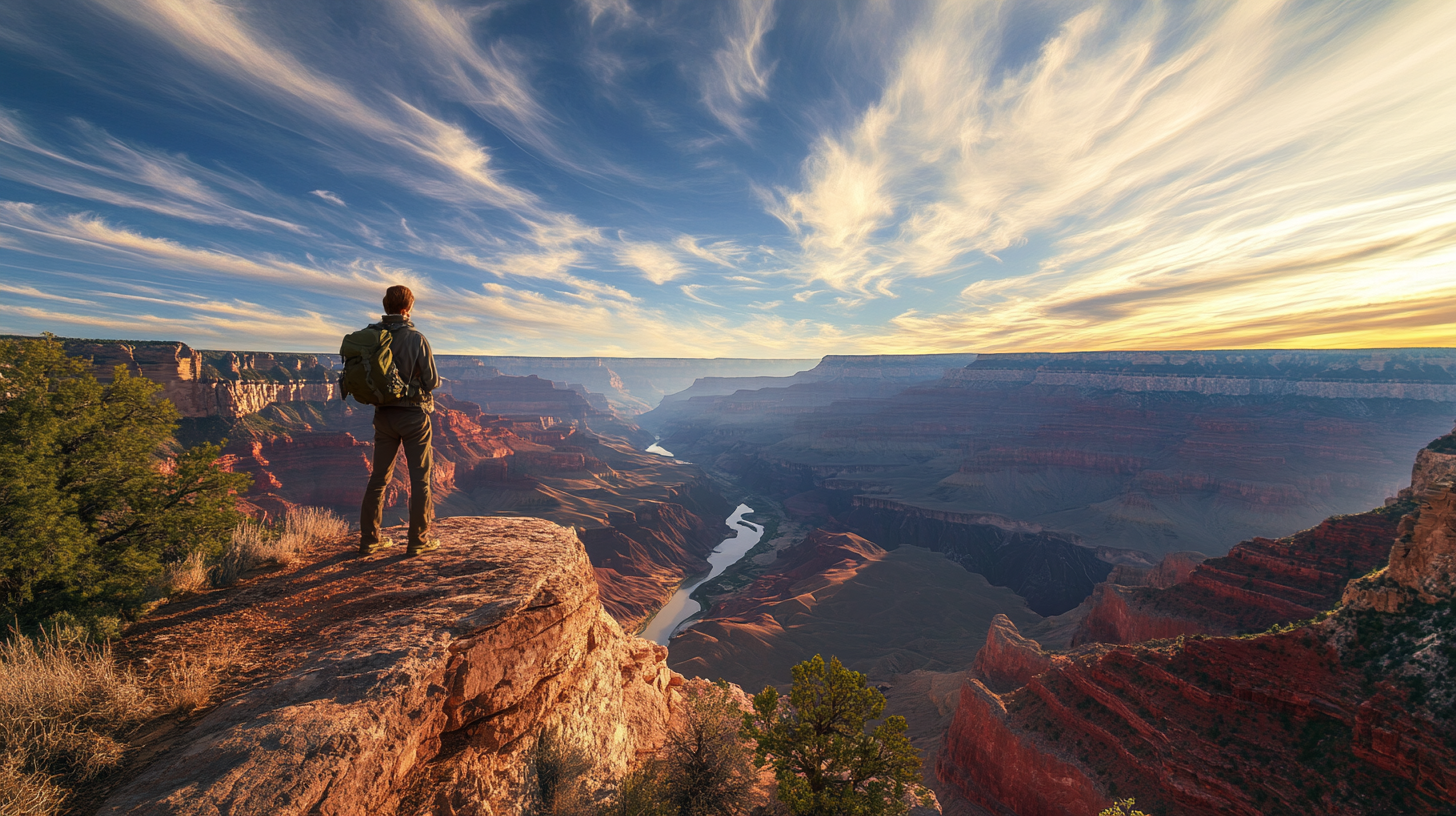 A person with a backpack stands on the edge of a cliff overlooking the Grand Canyon. The scene is illuminated by a dramatic sky with wispy clouds and a setting sun, casting warm light over the canyon's layered rock formations and the winding river below.