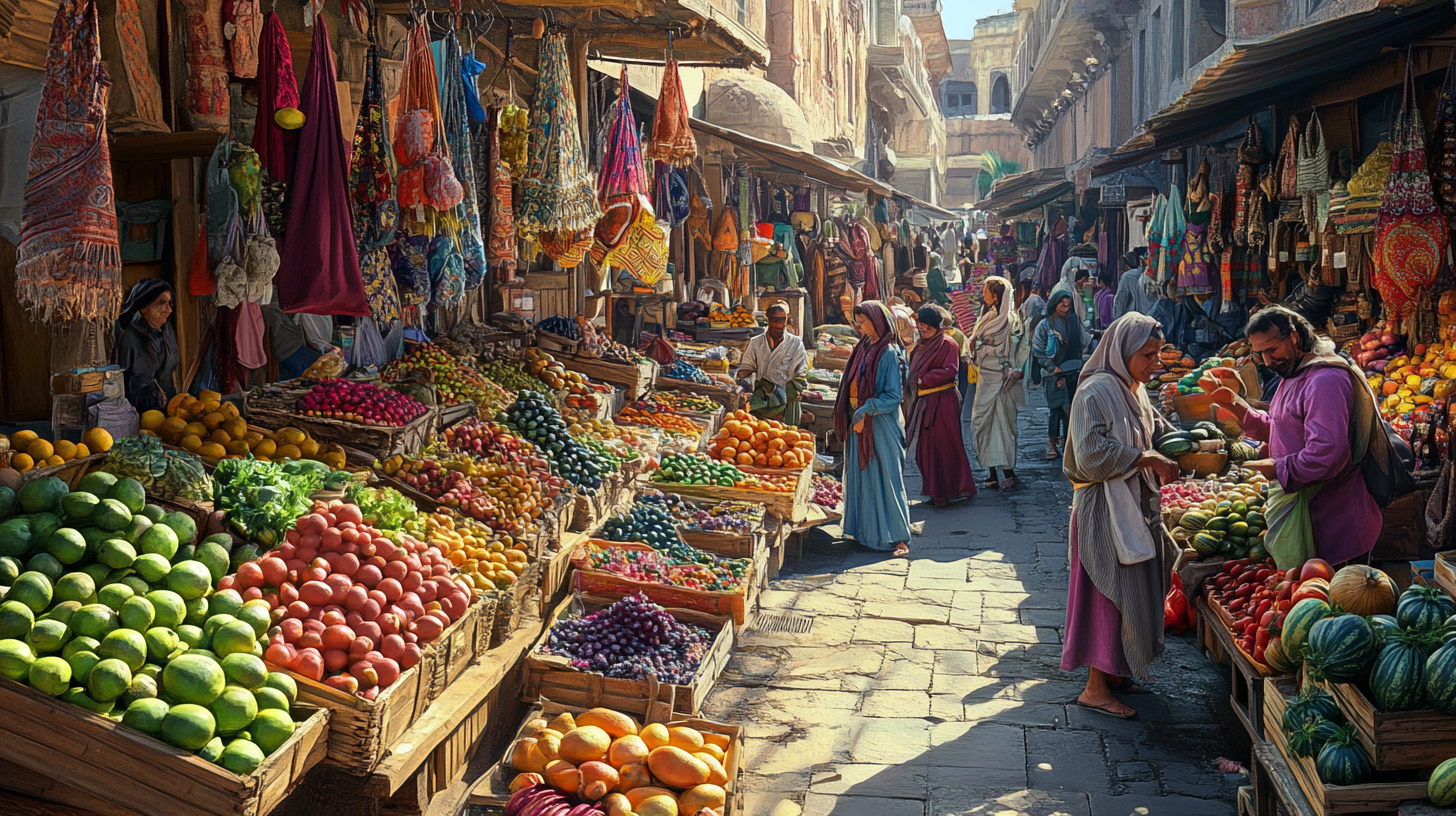 A bustling market scene with people shopping and interacting. The market is filled with colorful fruits and vegetables displayed in wooden crates. Various textiles and fabrics hang above the stalls. The street is narrow and lined with stone buildings, creating a lively and vibrant atmosphere.