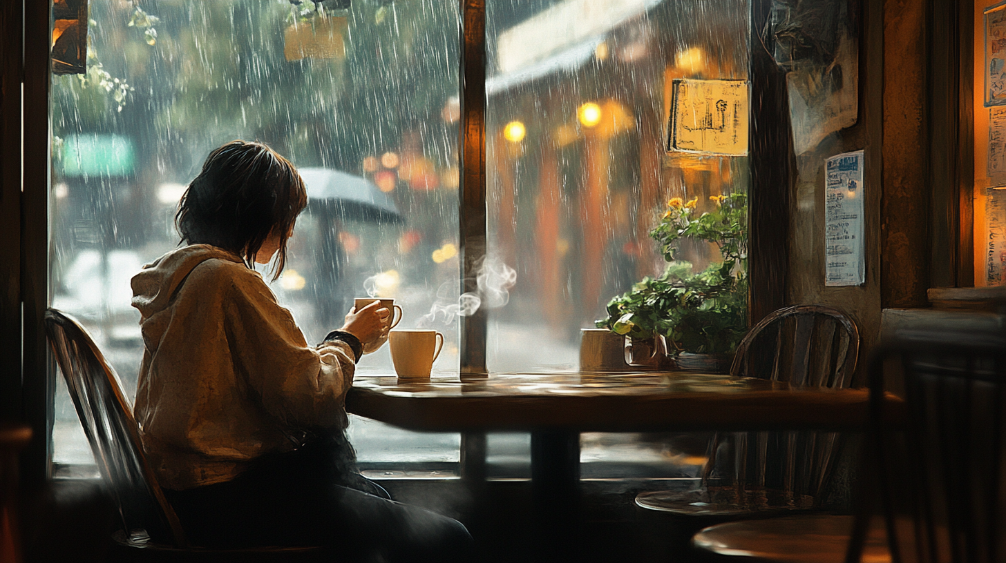 A person is sitting alone at a table in a cozy café, holding a steaming cup of coffee. They are looking out a large window at the rain falling outside. The scene is warmly lit, with plants and various papers on the walls, creating a peaceful and reflective atmosphere.