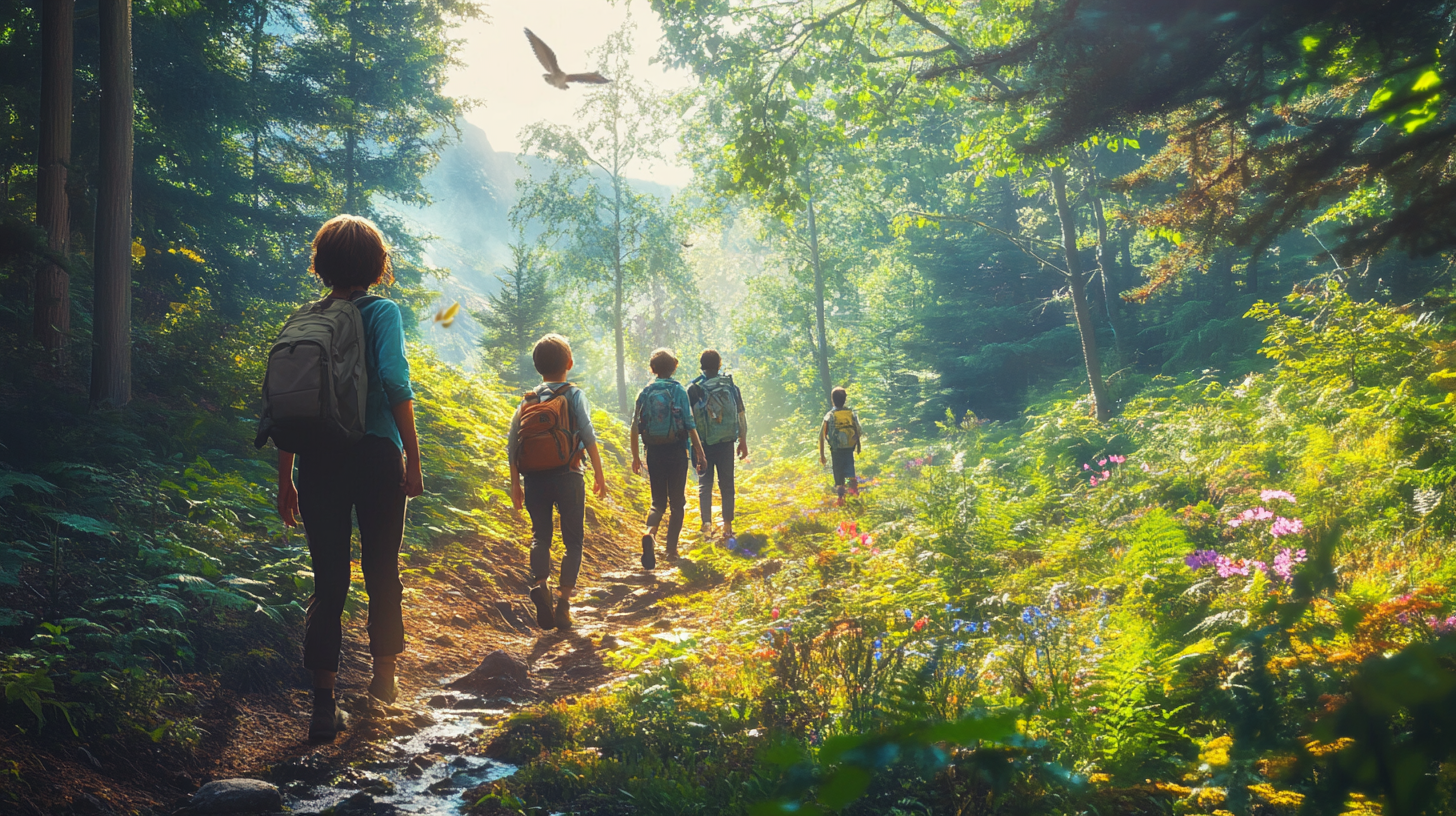 A group of people, including children, are hiking through a lush, sunlit forest. They are wearing backpacks and walking along a narrow trail surrounded by dense greenery and colorful wildflowers. Sunlight filters through the trees, creating a serene and vibrant atmosphere. A bird is flying overhead.