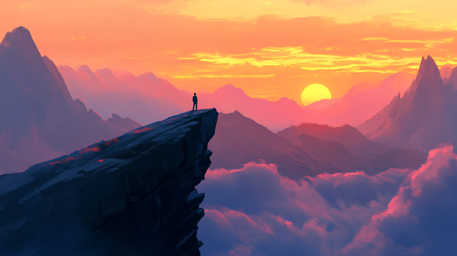 A person stands on the edge of a rocky cliff, overlooking a vast mountain range. The sky is filled with vibrant hues of orange, pink, and purple as the sun sets on the horizon, casting a warm glow over the scene. Clouds drift below the cliff, adding to the dramatic and serene atmosphere.