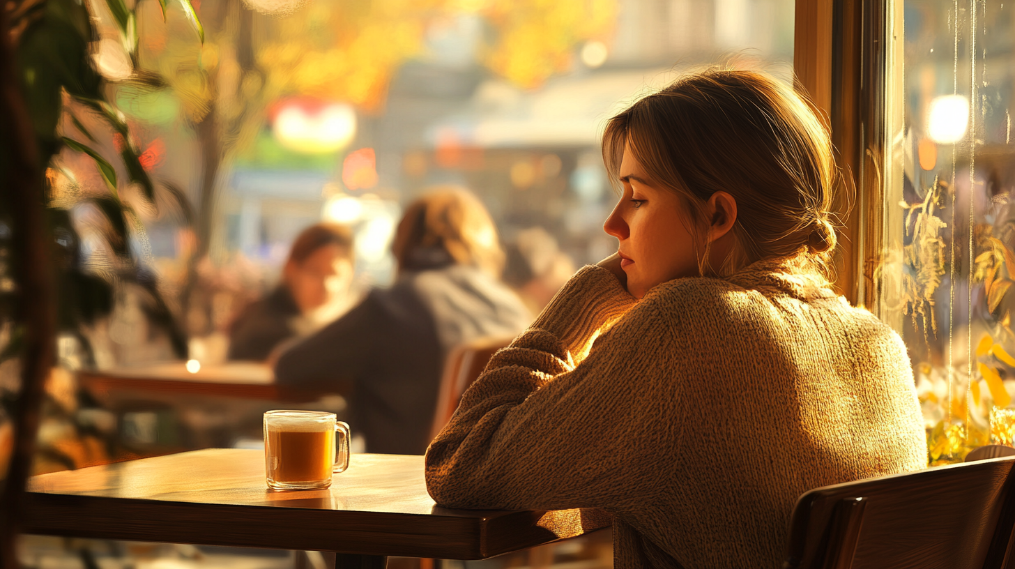 A woman is sitting alone at a table in a cozy cafe, looking out the window. She is wearing a warm sweater and appears to be deep in thought. A cup of coffee is on the table in front of her. The background is softly blurred, with other patrons and autumn foliage visible outside. The scene is bathed in warm, golden light.