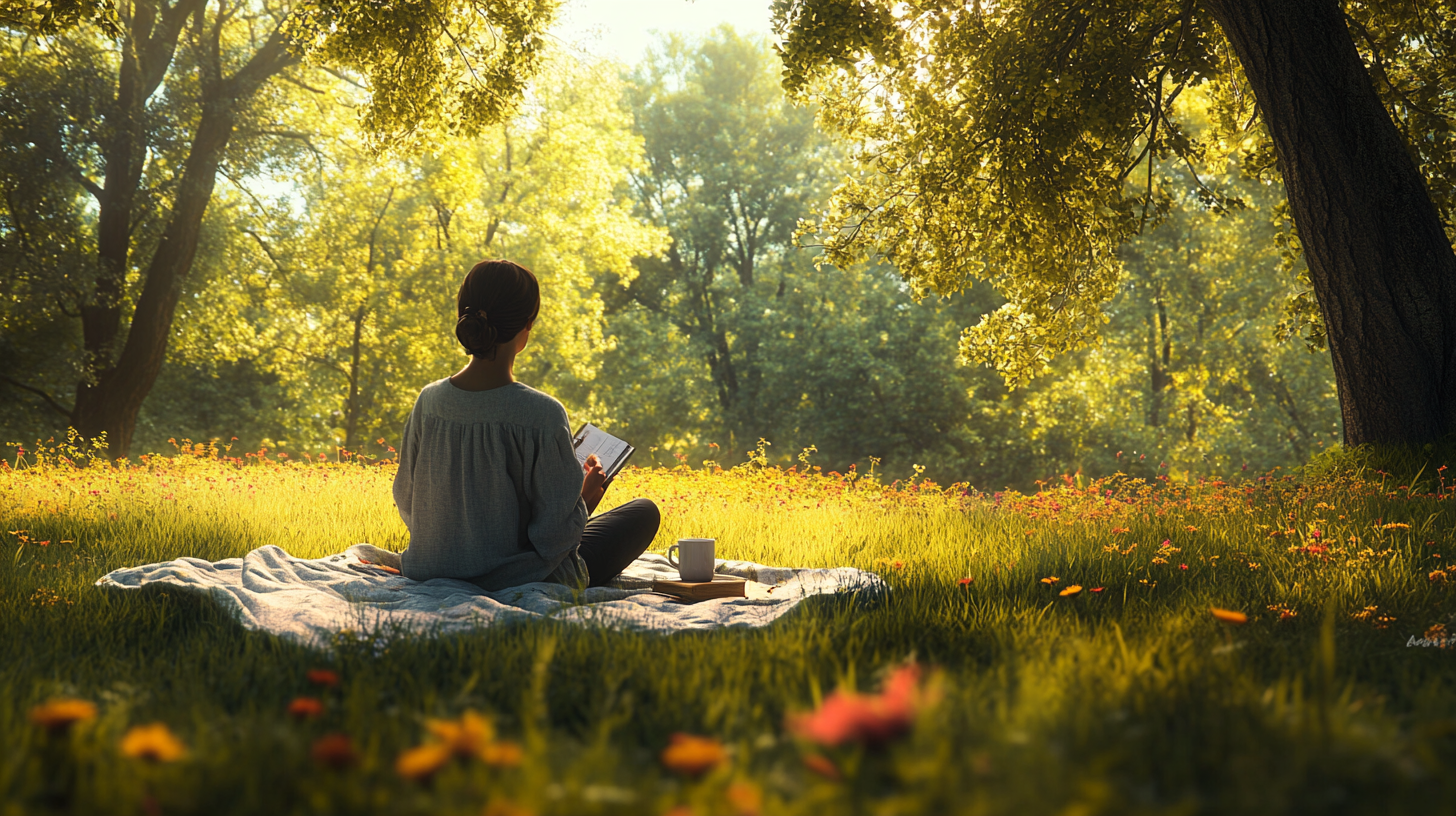 A person is sitting on a blanket in a sunlit meadow, surrounded by wildflowers and trees. They are reading a book, with a mug placed beside them. The scene is peaceful and bathed in warm, golden light.