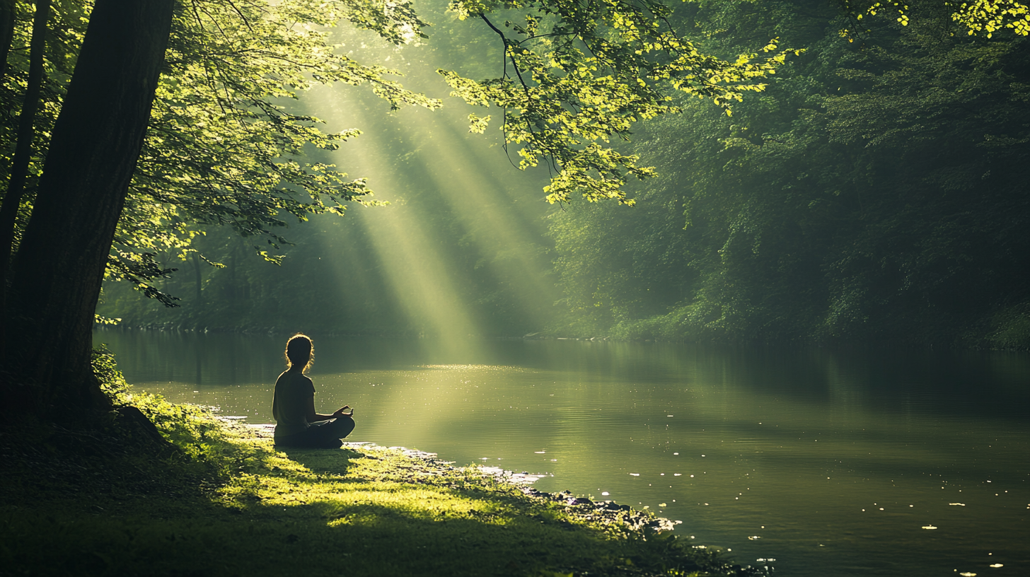 A person is sitting cross-legged on a grassy riverbank, meditating. Sunlight filters through the trees, casting rays of light onto the water and creating a serene, peaceful atmosphere. The surrounding area is lush with greenery.