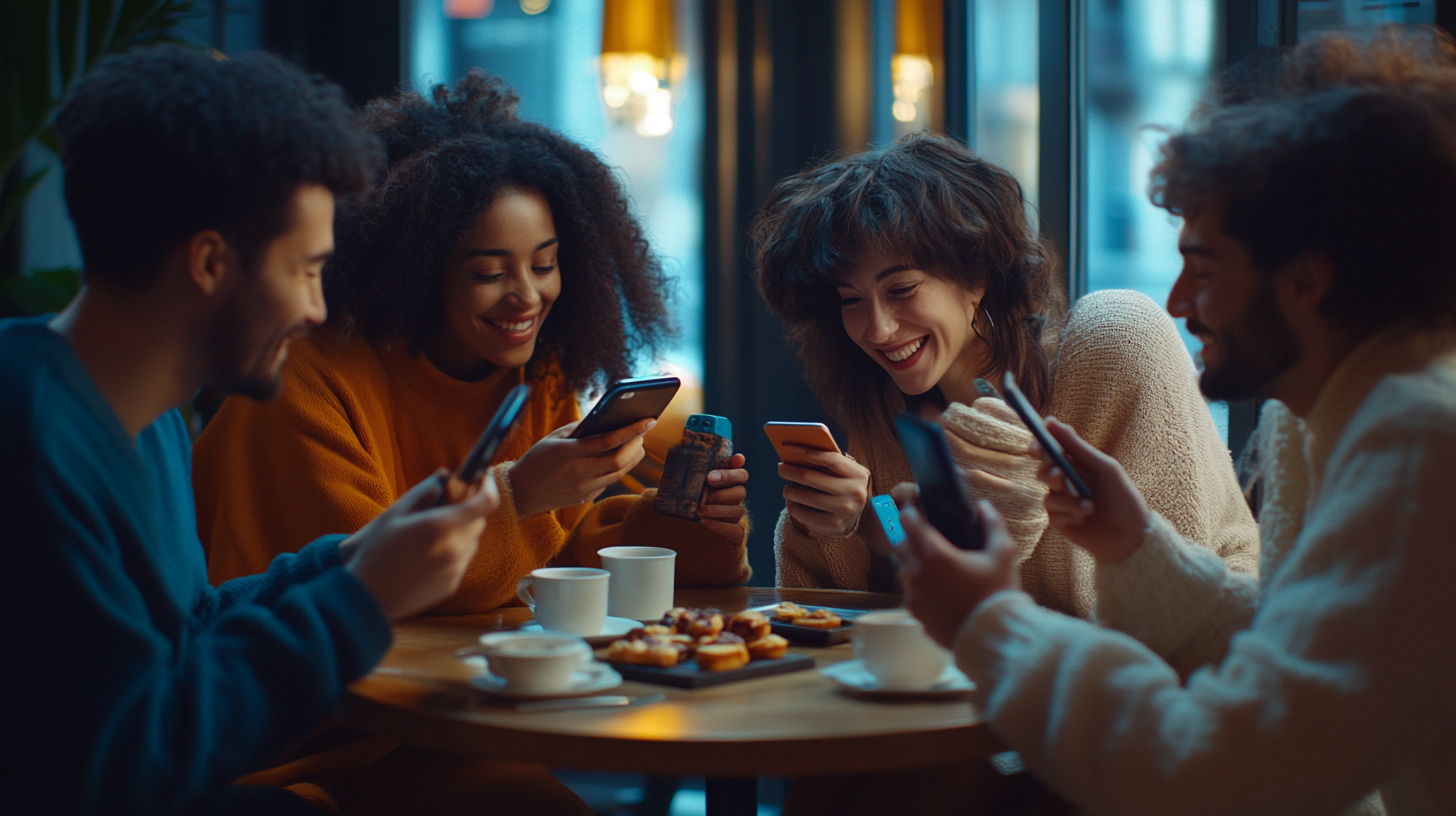 A group of four people sitting around a table in a cozy cafe, each holding a smartphone and smiling. There are cups of coffee and a plate of pastries on the table. The atmosphere is warm and friendly, with soft lighting and a blurred background.