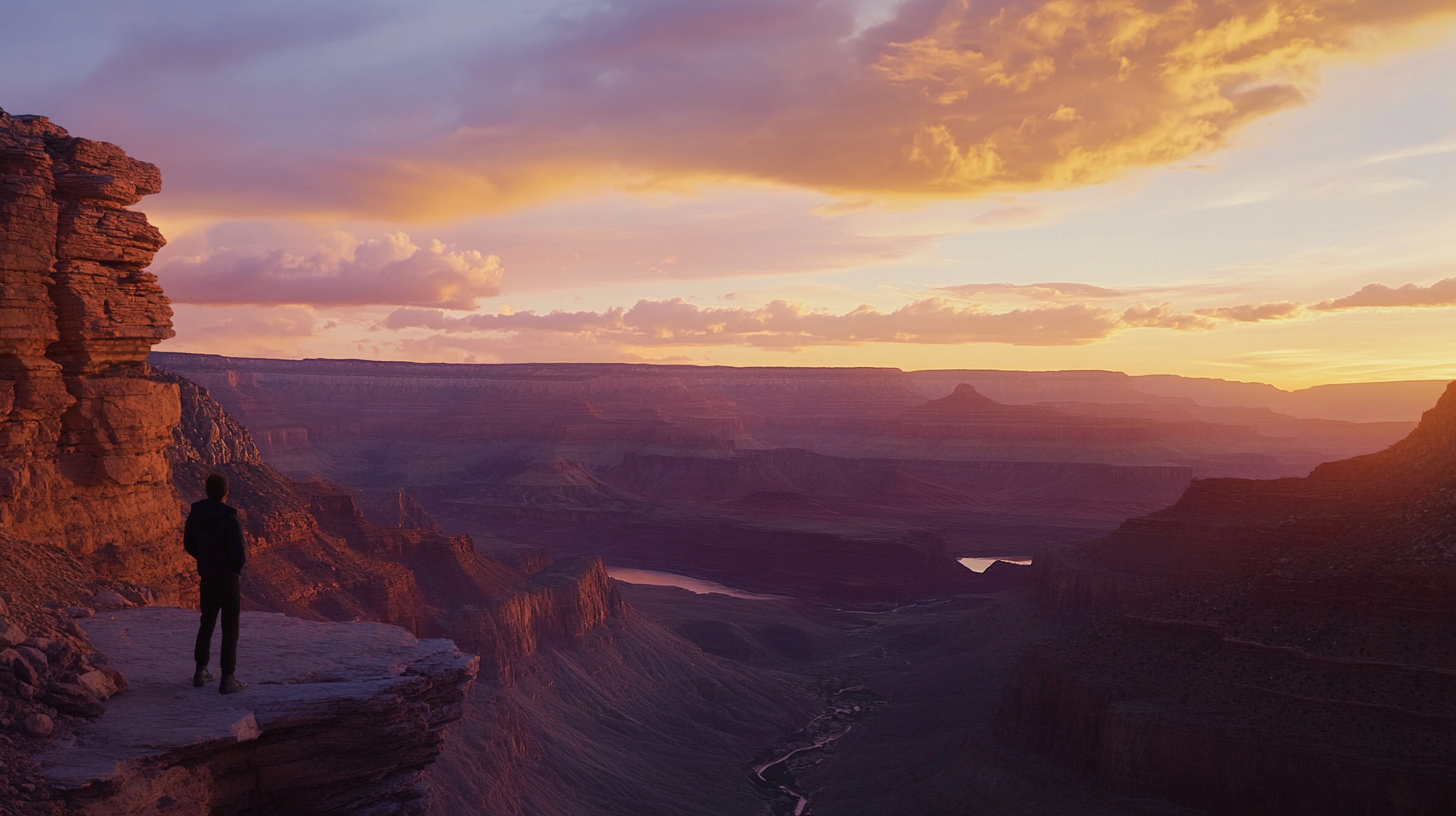 A person stands on a rocky cliff overlooking a vast canyon at sunset. The sky is filled with vibrant hues of orange, pink, and purple, casting a warm glow over the layered rock formations and deep valleys below.