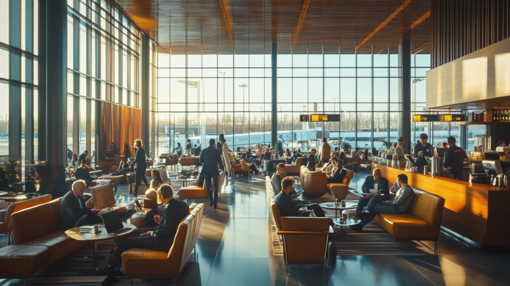 The image shows a busy airport lounge with large windows allowing natural light to fill the space. People are seated on comfortable chairs and sofas, some working on laptops or reading, while others are engaged in conversation. A bar area is visible on the right, where people are ordering drinks. The atmosphere is lively, with a view of the airport runway and planes outside.