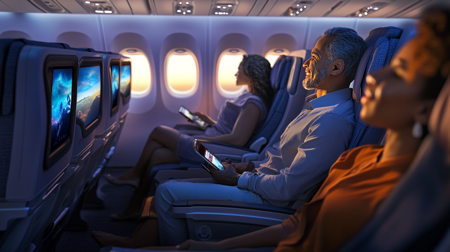 The image shows three passengers seated in an airplane cabin. They are sitting in a row, each with a personal entertainment screen in front of them. The cabin is softly lit, and the windows show a view of the sky with a warm, sunset glow. The passengers appear relaxed, with one holding a tablet.