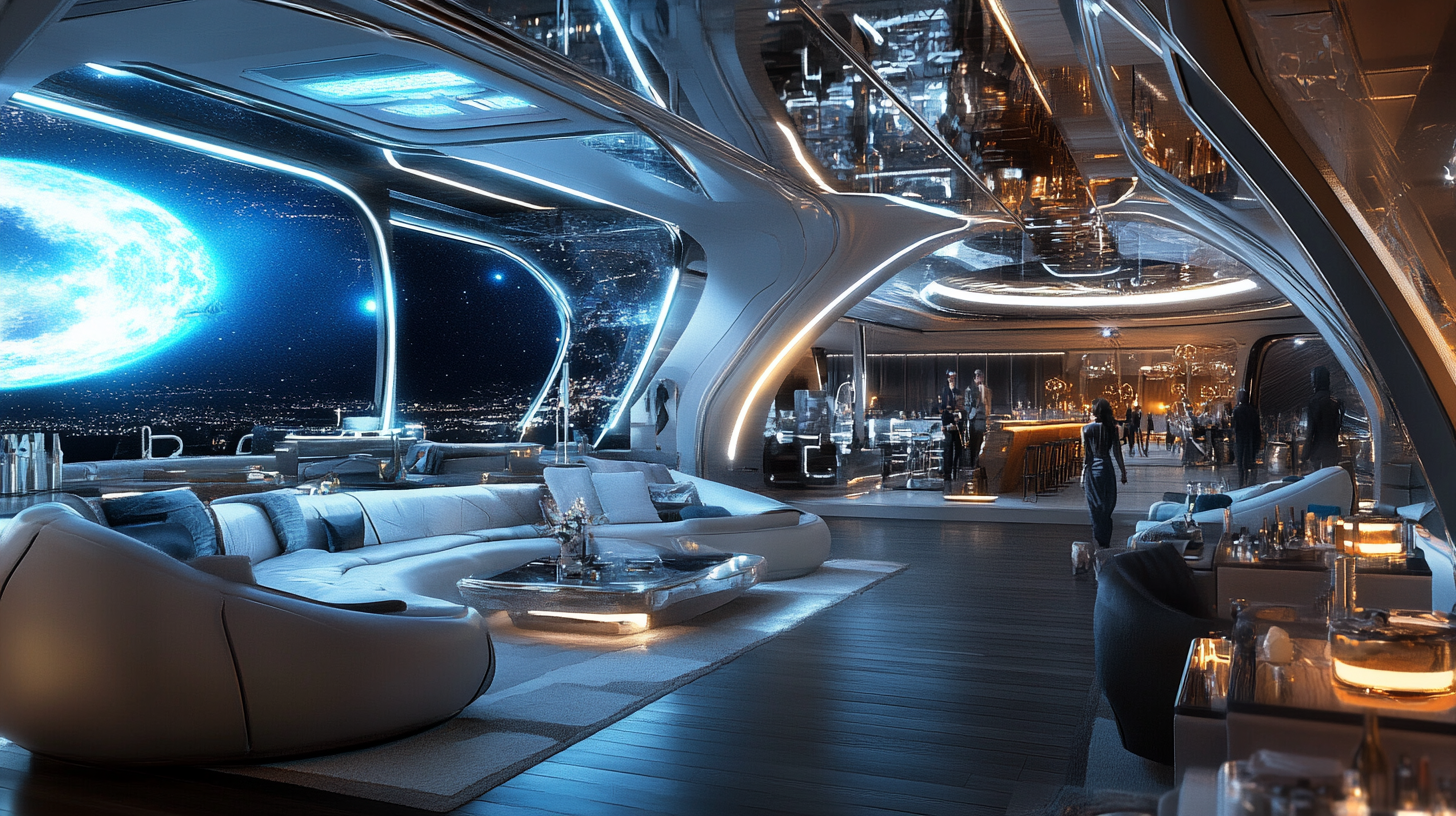 The image depicts a futuristic, luxurious interior of a spaceship or space station. The setting features sleek, modern furniture with curved designs, including a large, comfortable seating area. The room is illuminated with ambient blue and white lighting, creating a sophisticated atmosphere. Large windows offer a stunning view of space, showcasing a bright, glowing planet or moon against a starry backdrop. In the background, there is a bar area with people socializing, adding to the lively yet elegant ambiance.