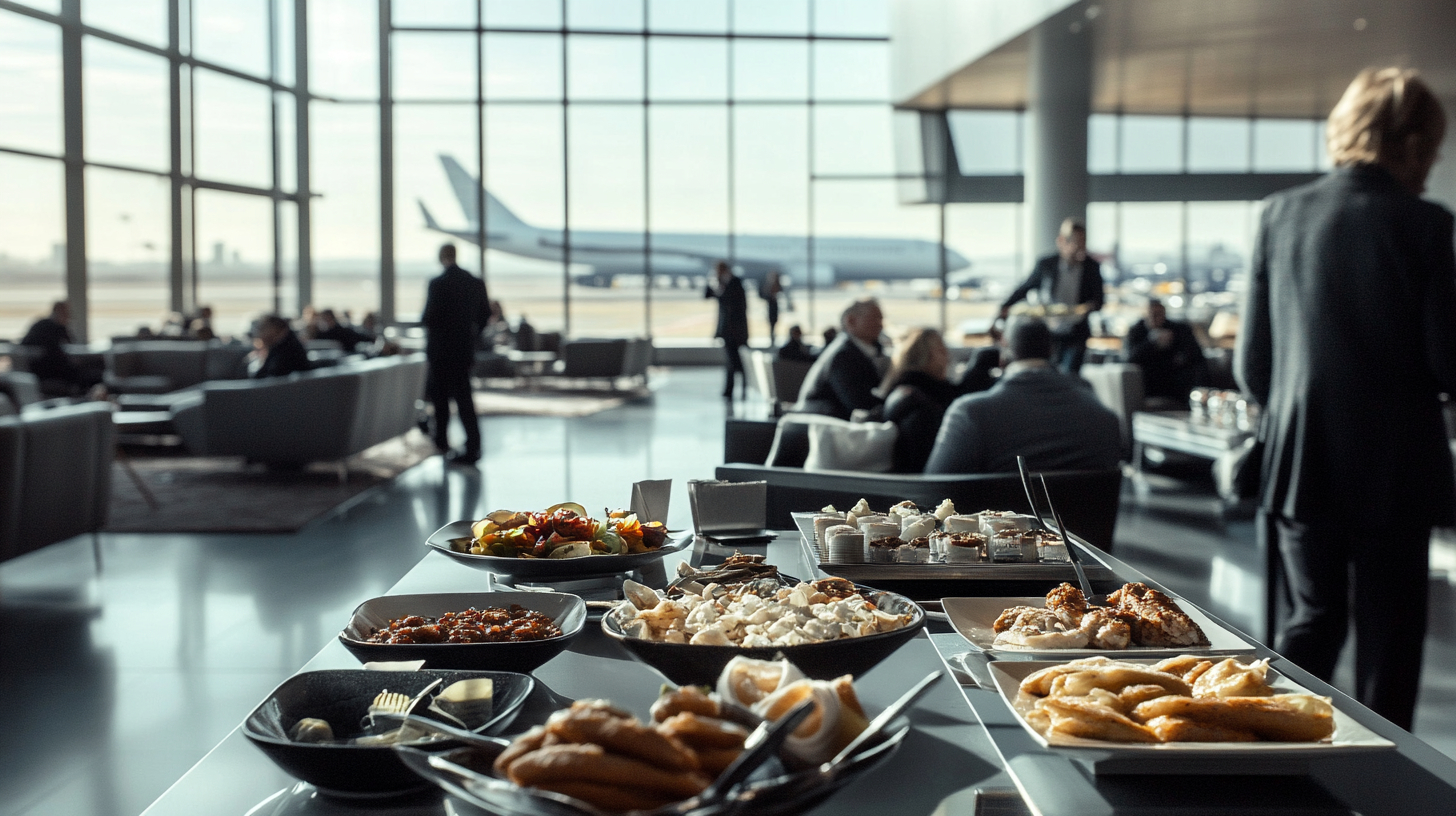 The image shows an airport lounge with a buffet table in the foreground, featuring a variety of dishes such as pastries, salads, and desserts. In the background, people are seated in a spacious area with large windows, and an airplane is visible on the tarmac outside. The atmosphere appears to be relaxed and upscale.