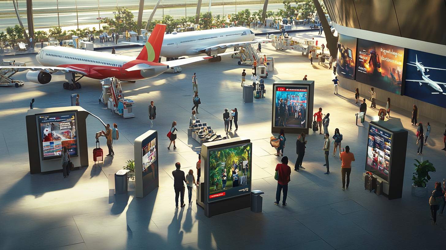 The image shows a busy airport terminal with people walking and interacting with digital information kiosks. There are two airplanes visible outside through large windows. The terminal is spacious and well-lit, with various advertisements displayed on screens and walls. Passengers are carrying luggage and engaging with the kiosks, which display colorful images and information.