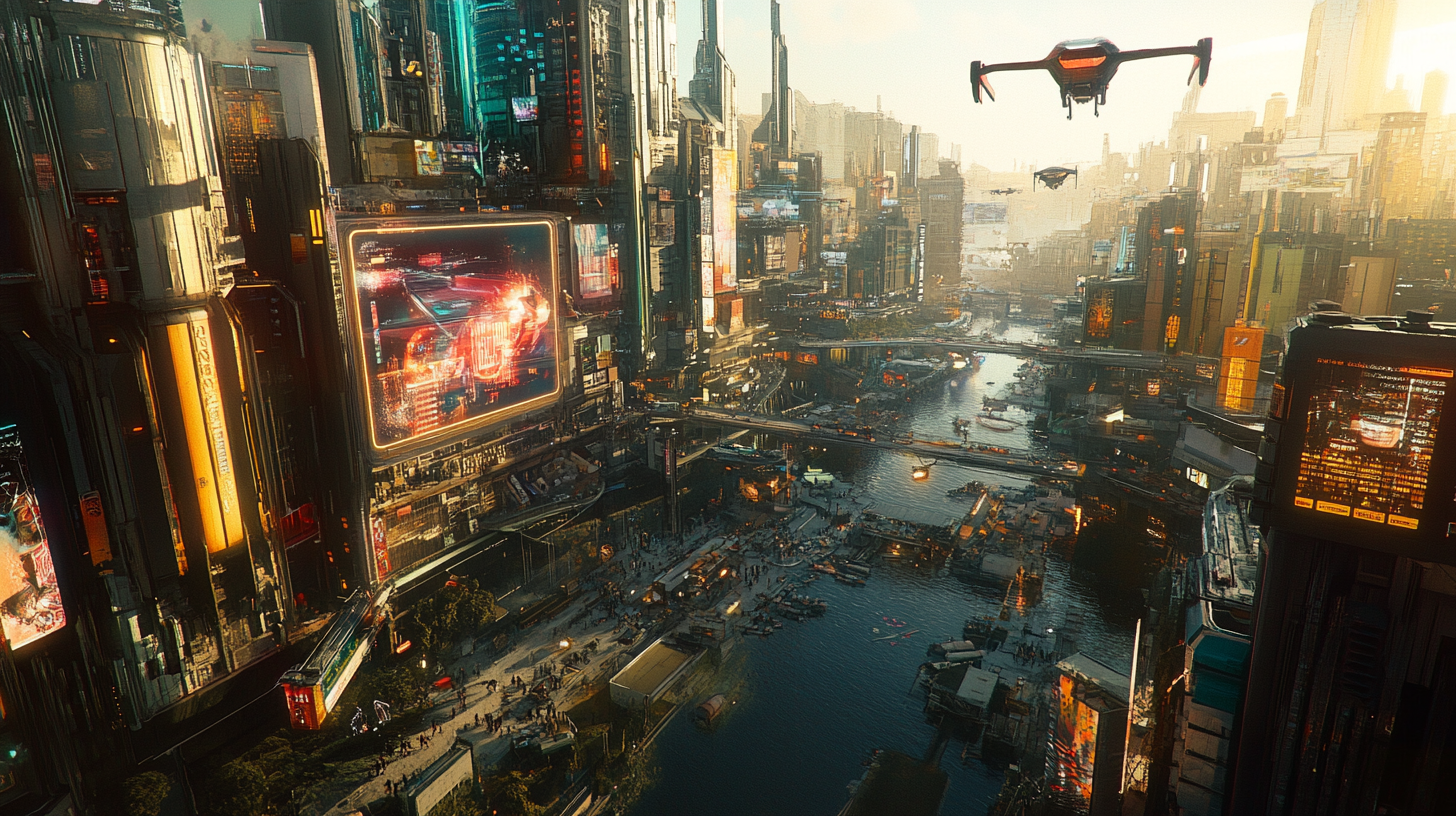 The image depicts a futuristic cityscape with tall, illuminated skyscrapers and large digital billboards. A river runs through the city, with several bridges crossing it. Drones are flying in the sky, and there are numerous people and vehicles on the streets below. The scene is vibrant and bustling, with a mix of modern architecture and advanced technology.