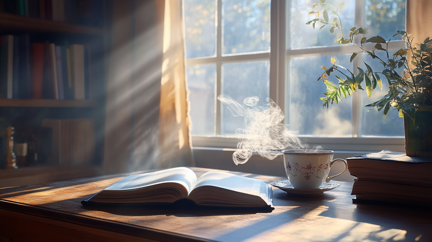 A cozy scene of a sunlit room with an open book on a wooden table. Sunlight streams through a window, casting warm light across the table. A steaming cup of tea sits on a saucer next to a stack of books. A potted plant with green leaves is also on the table, adding a touch of nature to the setting.