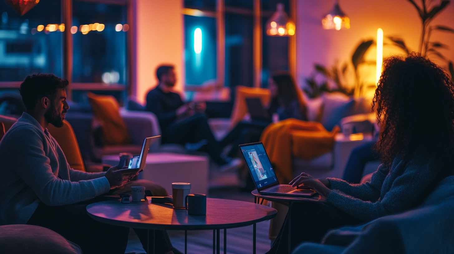 A cozy, dimly lit room with several people sitting on couches and chairs, using laptops. The atmosphere is warm, with soft lighting from lamps and a neon light in the background. The room has a relaxed, modern vibe, with plants and decorative elements.