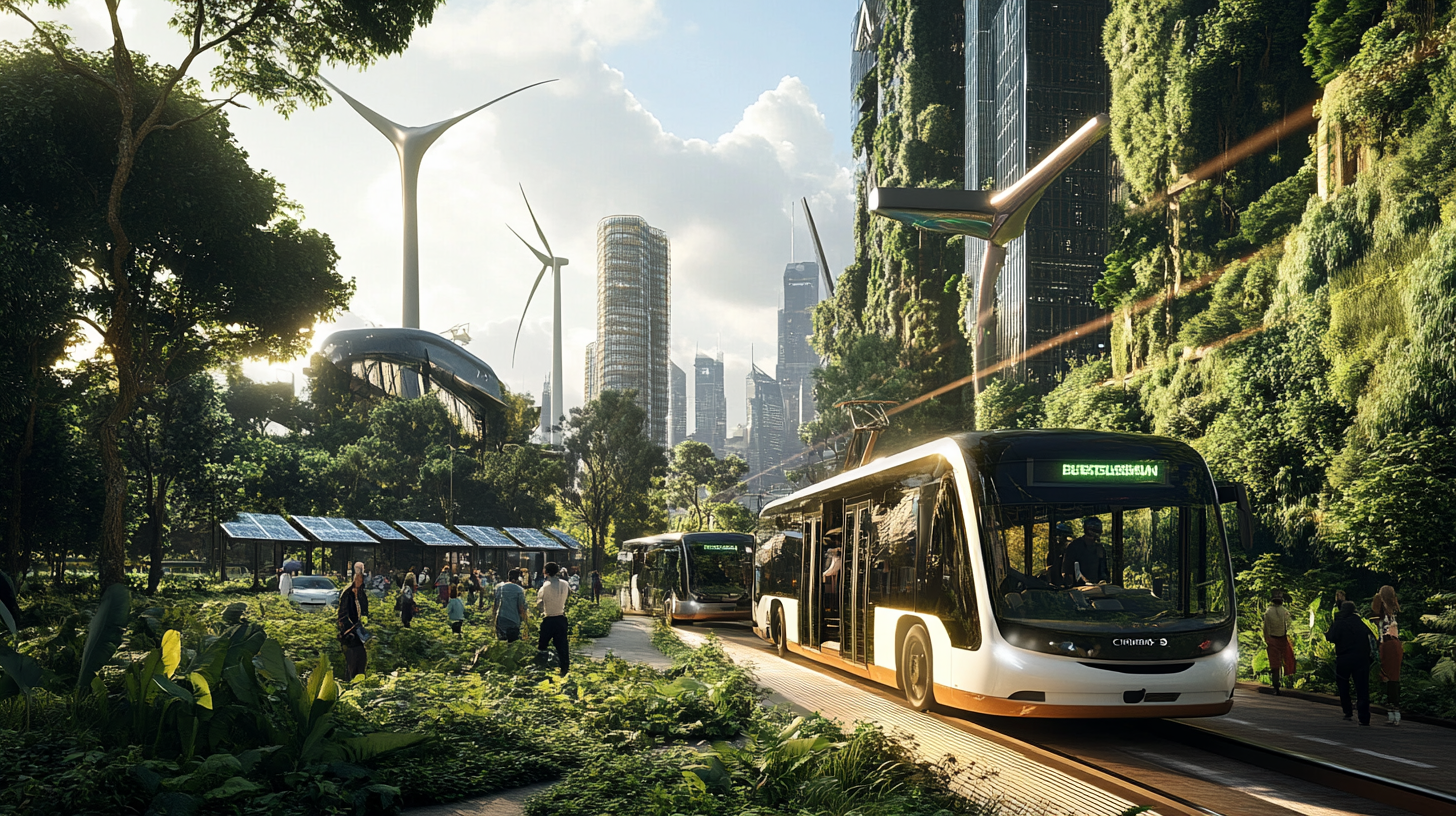 The image depicts a futuristic cityscape with lush greenery and advanced technology. There are modern buses on a road surrounded by dense vegetation. In the background, tall buildings are covered with plants, and wind turbines are visible. People are walking near solar panels, and a sleek, futuristic vehicle is seen hovering above the ground. The scene combines elements of nature and technology, suggesting a sustainable urban environment.