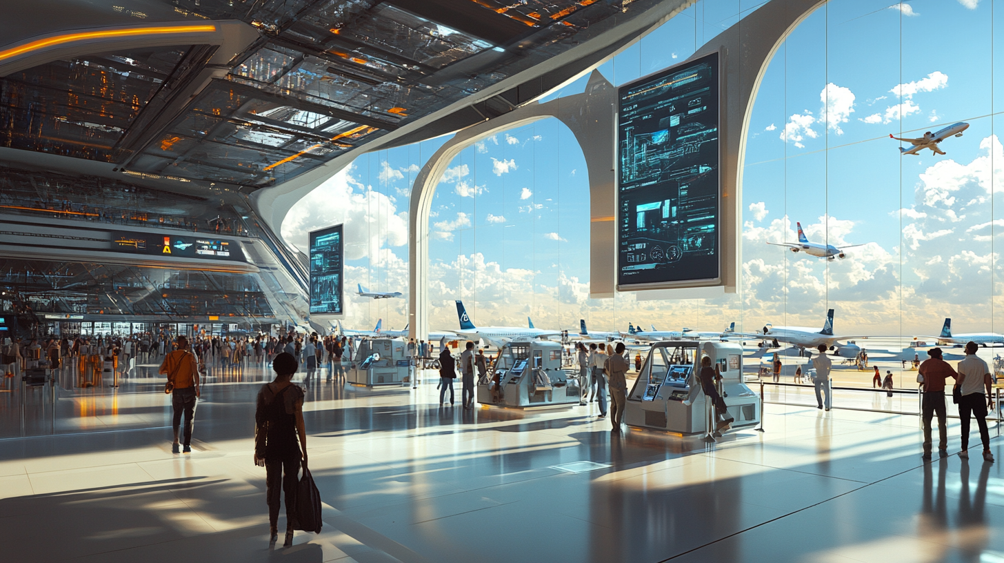 The image depicts a futuristic airport terminal with large windows offering a view of the sky and airplanes taking off. The interior is spacious and modern, featuring digital screens displaying information. People are walking and interacting with kiosks, and the architecture is sleek with a high-tech design.