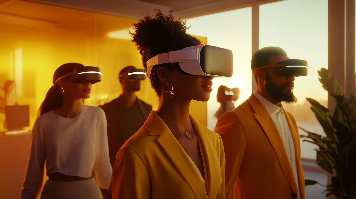 A group of people wearing virtual reality headsets in a modern office setting. The room is bathed in warm, golden light from the setting sun, creating a futuristic and immersive atmosphere. The individuals appear focused and engaged with the VR experience.