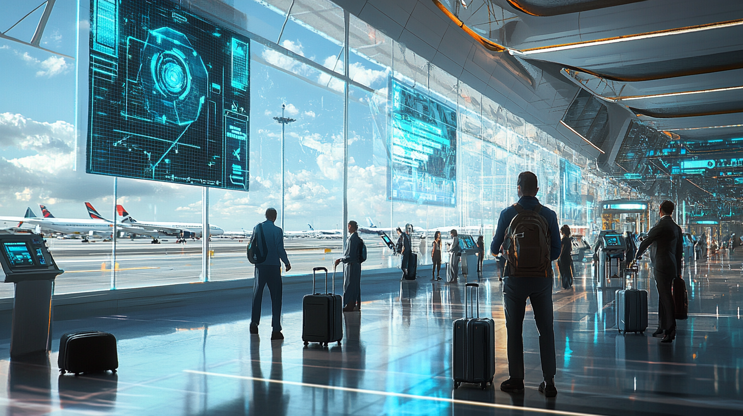 The image depicts a futuristic airport terminal with large glass windows overlooking the runway, where several airplanes are parked. Inside the terminal, people with luggage are interacting with digital kiosks and large holographic displays. The scene is bright, with natural light streaming in, and the atmosphere is busy and modern.