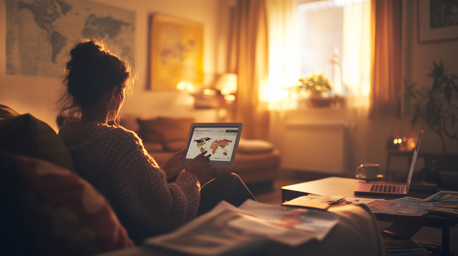 A person is sitting on a couch in a cozy, warmly lit room, holding a tablet displaying a world map. The room has a relaxed atmosphere with soft lighting, a world map on the wall, and a table with scattered papers and a laptop. A window with curtains allows sunlight to stream in, illuminating the space.