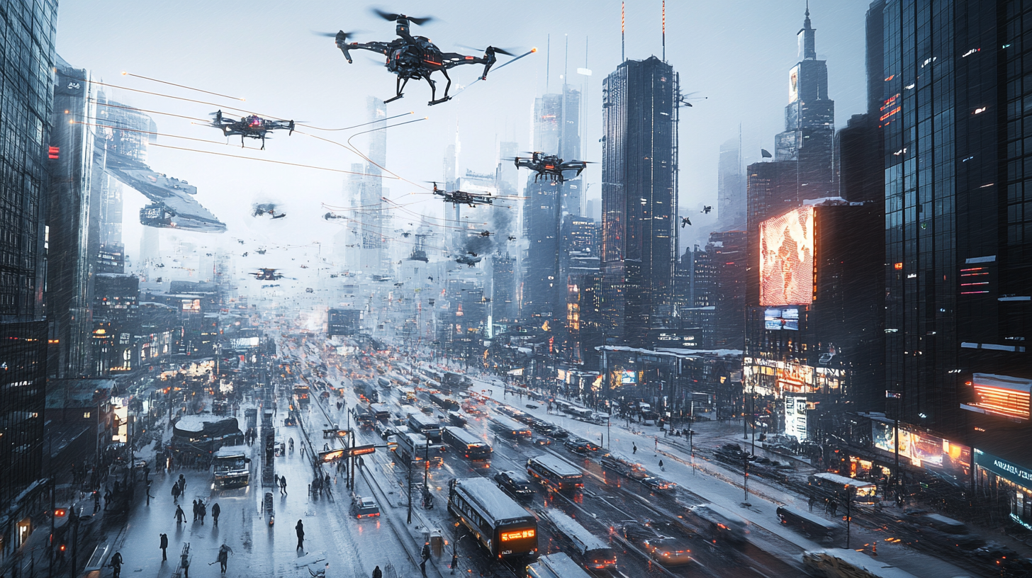 The image depicts a futuristic cityscape with tall skyscrapers and a busy street filled with vehicles and pedestrians. Numerous drones and flying vehicles are seen in the sky, suggesting advanced technology. The scene is set in a snowy environment, with digital billboards and bright lights illuminating the area.