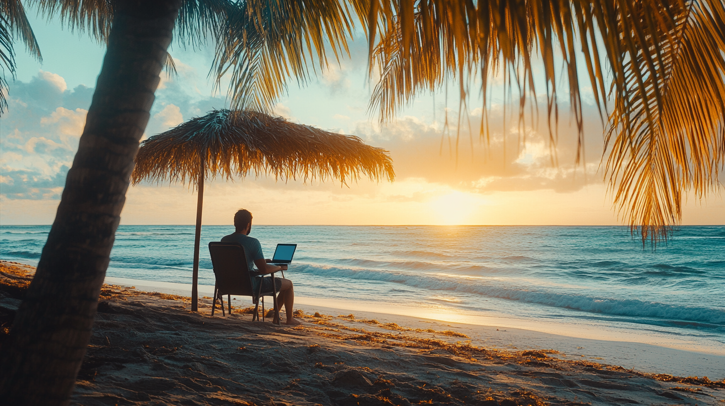 A person is sitting on a chair under a thatched umbrella on a sandy beach, using a laptop. The scene is set during sunset, with the sun casting a warm glow over the ocean and palm trees framing the view.