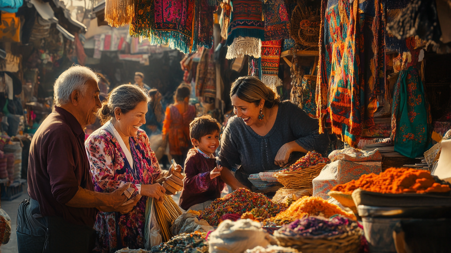 A vibrant market scene with four people interacting joyfully. An elderly couple and a young child are smiling and engaging with a woman vendor. The market stall is filled with colorful textiles hanging above and baskets of spices and dried goods on display. The atmosphere is lively and warm, with sunlight filtering through the market.