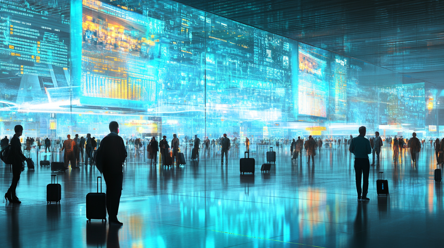 The image depicts a futuristic airport terminal with a large, digital display showing flight information. The scene is bathed in blue light, and numerous travelers with luggage are visible, creating a bustling atmosphere. The digital screens are filled with data and graphics, adding to the high-tech ambiance.