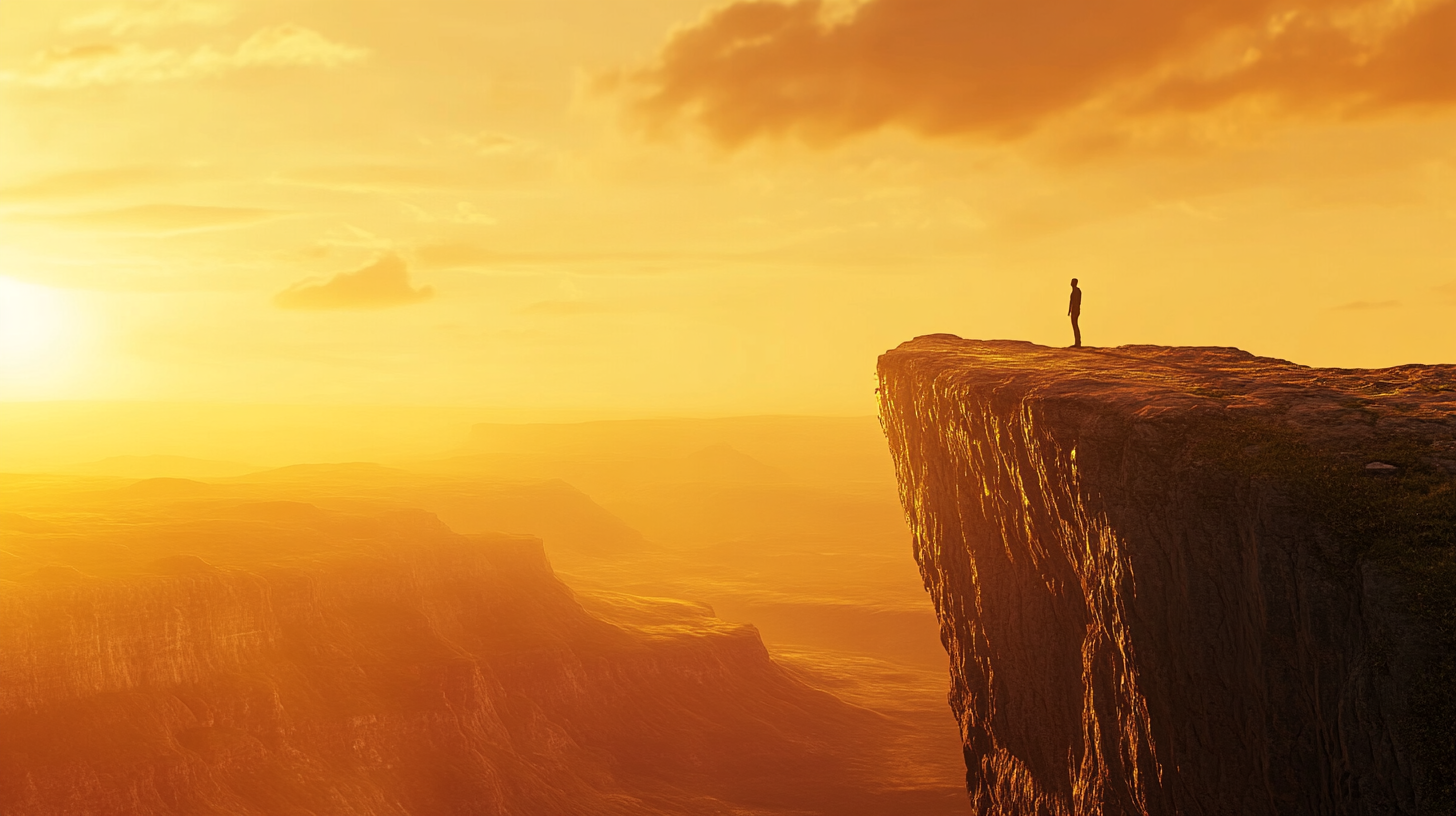 A person stands on the edge of a high cliff, overlooking a vast canyon landscape during sunset. The sky is filled with warm orange and yellow hues, casting a golden glow over the scene. The expansive view includes distant plateaus and valleys, creating a dramatic and serene atmosphere.