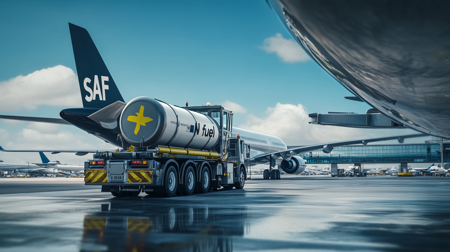 A fuel truck is parked on an airport tarmac next to a large airplane. The truck has a cylindrical tank labeled "fuel" and the airplane's tail has "SAF" written on it. The scene is set under a blue sky with scattered clouds, and there are other airplanes and airport buildings in the background.