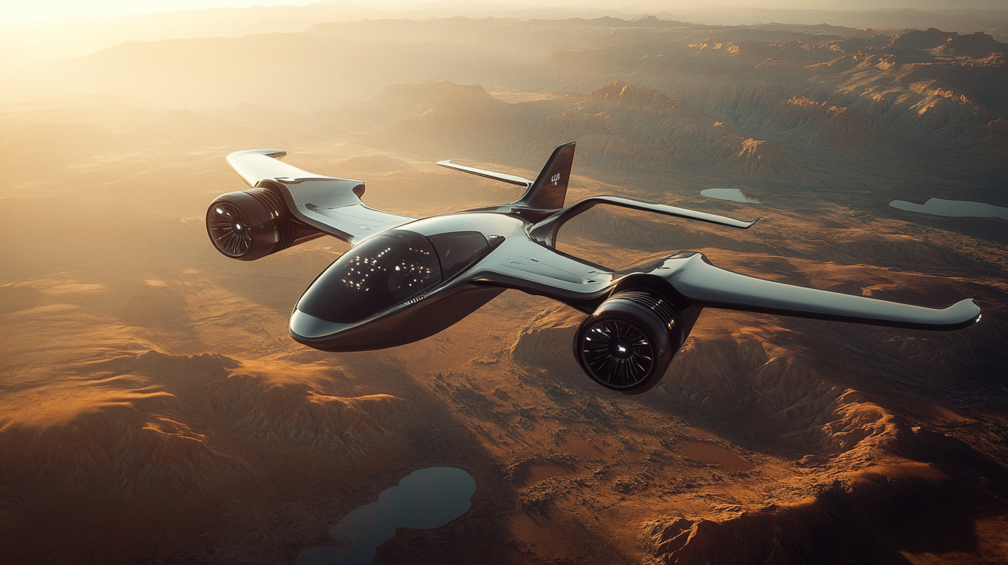 A futuristic aircraft with a sleek design is flying over a vast desert landscape during sunset. The aircraft has a streamlined body, large wings, and two jet engines. The desert below is illuminated by the warm glow of the setting sun, highlighting the rugged terrain and distant mountains.