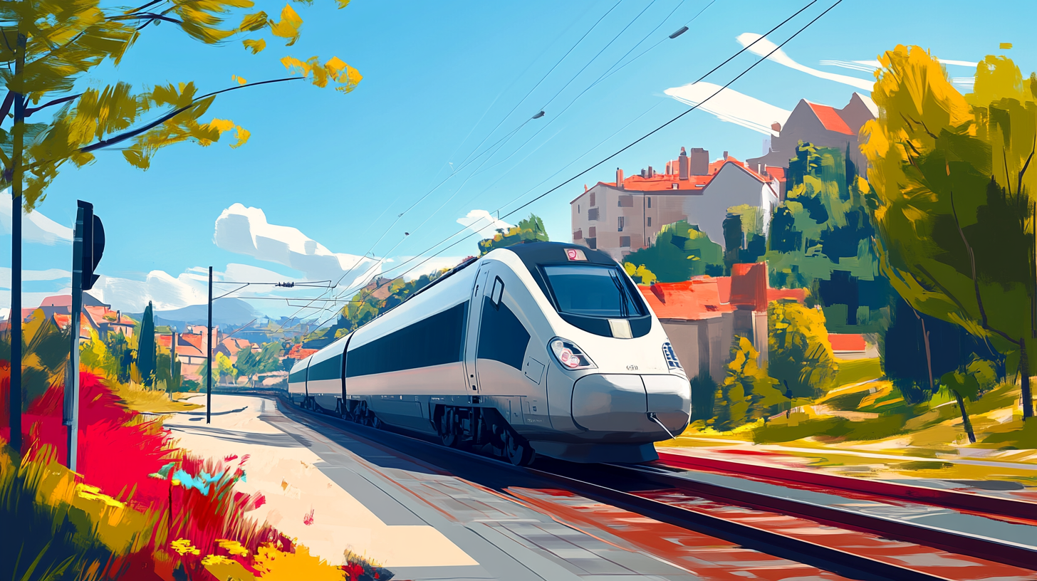 A modern high-speed train travels along a railway track through a scenic landscape. The scene is vibrant, with colorful foliage and trees on either side of the tracks. In the background, there are buildings with red roofs and hills under a clear blue sky with a few clouds. The image has a bright and sunny atmosphere.