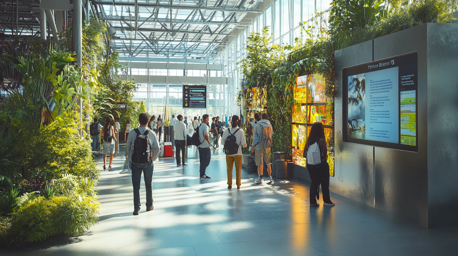 The image shows a spacious, modern indoor area with a high glass ceiling, allowing natural light to flood the space. There are lush green plants and vertical gardens along the walls. Several people are walking or standing, some looking at a large digital display screen on the right. The atmosphere is bright and airy, resembling an airport or a botanical garden.