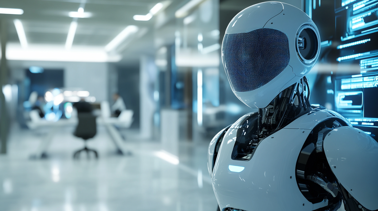 A humanoid robot with a sleek, futuristic design is standing in a modern office environment. The robot has a smooth, white exterior with a dark, reflective faceplate. In the background, there are blurred figures of people working at desks, and digital screens displaying data. The setting is bright and high-tech.