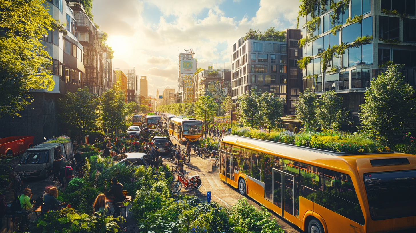 A vibrant urban street scene with lush greenery and trees lining the road. The street is bustling with people walking and cycling, and several buses and cars are visible. The buildings are modern, with some featuring green roofs and vertical gardens. The sun is setting, casting a warm glow over the scene.