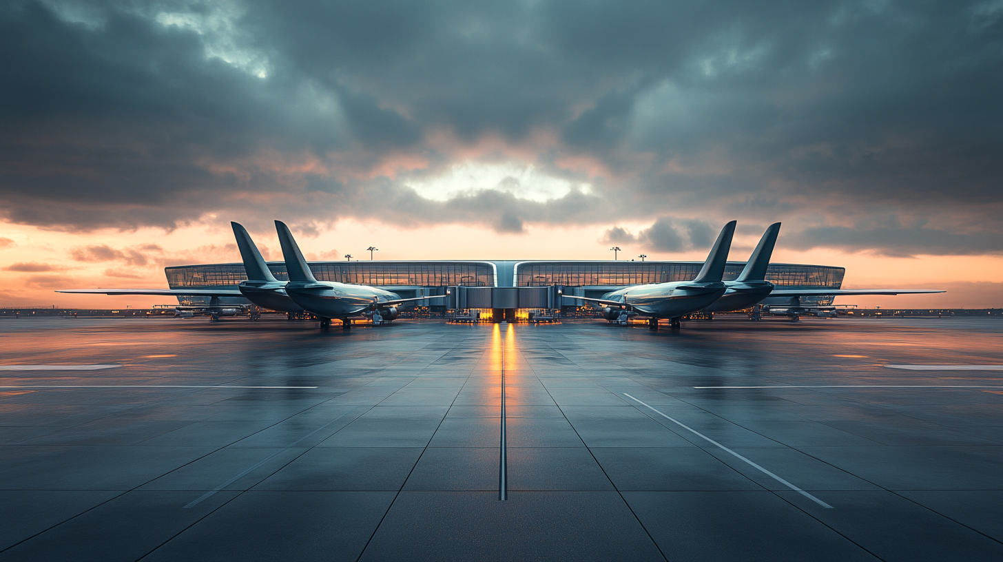 The image shows a modern airport terminal at sunset, with several airplanes parked at the gates. The sky is filled with dramatic clouds, and the wet tarmac reflects the warm colors of the sunset, creating a serene and symmetrical scene.