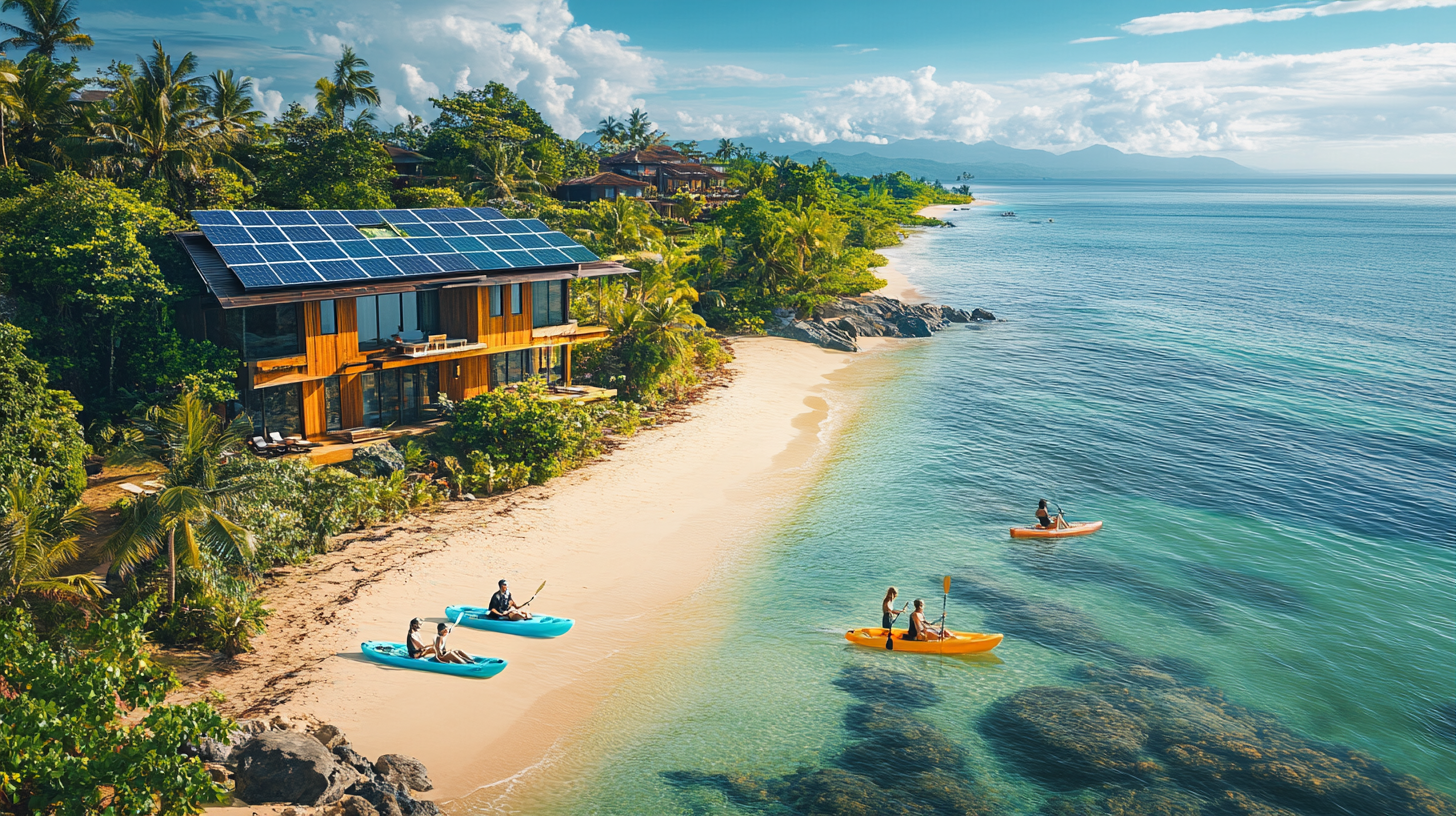 A tropical beach scene with a modern house featuring solar panels on the roof, surrounded by lush greenery. The house is situated near a sandy beach with clear blue water. Several people are kayaking in the water, enjoying the sunny day. The background includes more greenery and distant mountains under a partly cloudy sky.